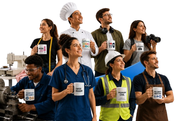 Profissionais de moda, gastronomia, tecnologia, fotografia, enfermagem, engenharia civil e mecânica com canecas personalizadas