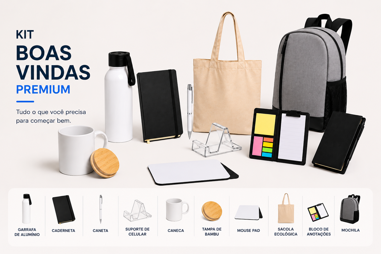 Kit Boas-vindas Premium com mochila, garrafa, caneca, caderneta e itens personalizados