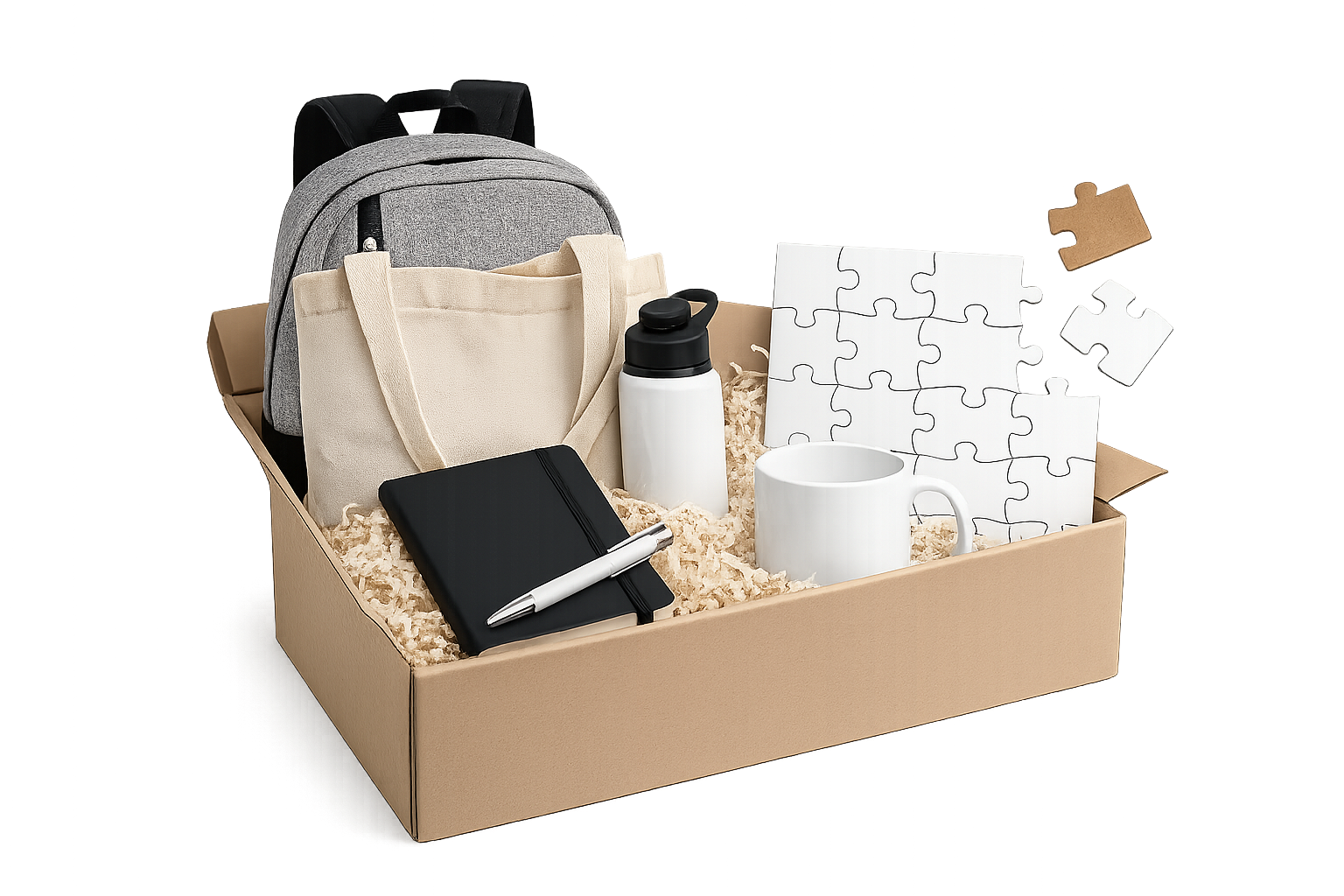 Kit personalizado em caixa com mochila, ecobag, squeeze, caneca, quebra-cabeça, caderno e caneta